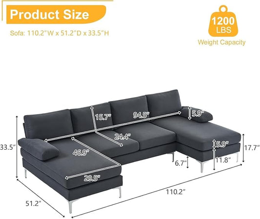 Karl home 110" Sectional Sofa U-Shaped 4-Seat Couch with Chaises Linen Fabric Upholstered for Living Room, Apartment, Office, Dark Gray