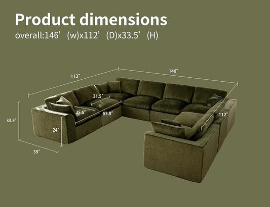 Modular Sectional Sofa – Oversized Modern Cloud Couch with Deep Chenille Seats, U-Shaped Boneless Sofa, Pet-Friendly, No Assembly, Olive Green (8 Seater)