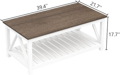 ChooChoo Farmhouse Coffee Table, Rustic Vintage Living Room Table with Shelf, 40 White