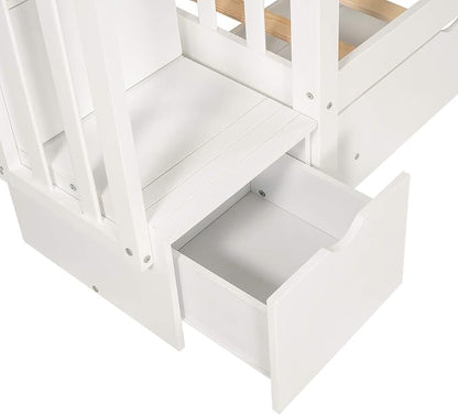 RUNNA Full Over Full Bunk Bed, Convertible, Storage Stairs White | Full over full bunk bed, convertible split design, storage stairs, solid pine wood, guardrails, no box spring needed,White