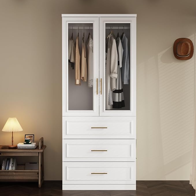 WOODTIME Wardrobe Closet with Hanging Rod, 3 Framed Drawers & 2 Glass Doors, Modern Wooden Armoire, Clothes Storage Cabinet Organizer for Bedroom Apartment, White
