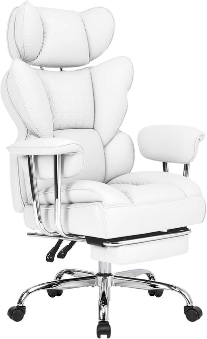 DUMOS Big and Tall Office Chair 400 LBS, Scratch-Resistant PU Leather Executive Office Desk Chair with Footrest, Ergonomic Reclining Computer Chairs with Pocket Spring Support, White