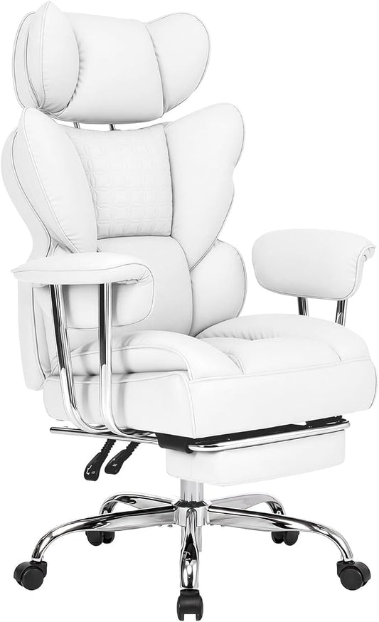 DUMOS Big and Tall Office Chair 400 LBS, Scratch-Resistant PU Leather Executive Office Desk Chair with Footrest, Ergonomic Reclining Computer Chairs with Pocket Spring Support, White