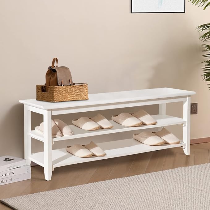 Dewfig Shoe Rack Bench for Entryway with Storage, 48", 3-Tier Wooden Shoe Bench for Hallway, Front Door, Entrance, White