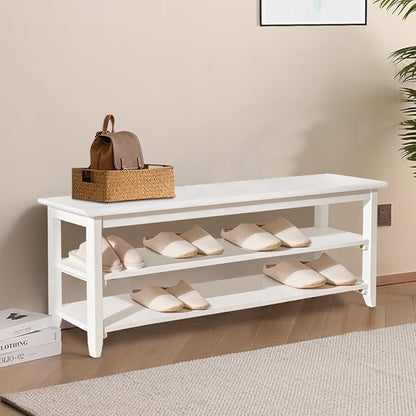 Dewfig Shoe Rack Bench for Entryway with Storage, 48", 3-Tier Wooden Shoe Bench for Hallway, Front Door, Entrance, White