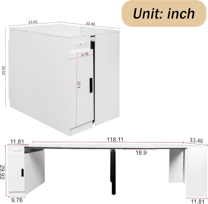 Transformer Dining Table, Expandable Console Table with Outlet & Storage, Extendable Folding Table for 10-12 People, Space Saving Modern Dining Room Furniture, White