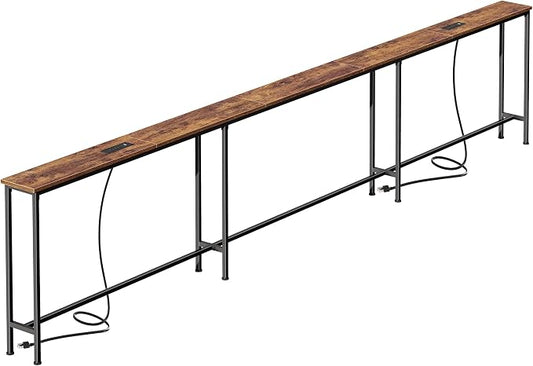 SUPERJARE 126 Inch Sofa Table with 2 Power Outlets and USB-C Ports, 5.9 Inch Narrow Console Table with Storage, Extra-Long, for Entryway Hallway Couch Behind Sofa, Small Spaces, Rustic Brown