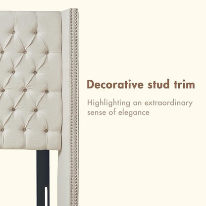 Madison Park Amelia Upholstered Headboard | Nail Head Trim Wingback Button Tufted | King, Cream