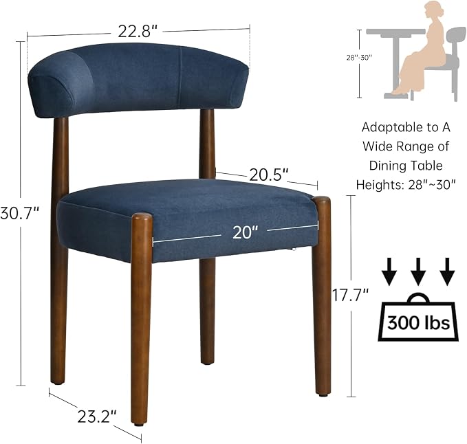 VKNOW Wooden Dining Chairs Set of 2, Modern Upholstered Dining Room Chairs with Walnut Wood Legs and Curved Backrest, Fabric Kitchen Chairs for Farmhouse/Living Room/Dining Room, Blue