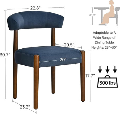 VKNOW Wooden Dining Chairs Set of 2, Modern Upholstered Dining Room Chairs with Walnut Wood Legs and Curved Backrest, Fabric Kitchen Chairs for Farmhouse/Living Room/Dining Room, Blue