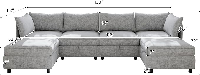 129-Inch U-Shaped 6 Seat Modular Sofa Deep Seat Storage Sectional Sofa Couch Free Combination with Movable Ottomans ,6 Seat Chenille Upholstered U-Shaped Convertible Sleeper Couch for Home Apartment | Space Saving