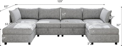 129-Inch U-Shaped 6 Seat Modular Sofa Deep Seat Storage Sectional Sofa Couch Free Combination with Movable Ottomans ,6 Seat Chenille Upholstered U-Shaped Convertible Sleeper Couch for Home Apartment | Space Saving