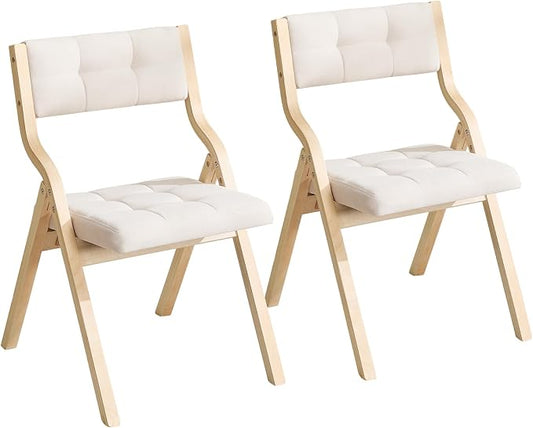 Folding Dining Chairs with Cushion Set of 2,Padded Foldable Dining Chairs,Portable Wooden Folding Chairs for Dining Rooms Kitchen Wedding and Party Indoor Beige