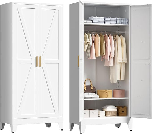 LCAOPC 71" Tall Metal Wardrobe Closet with Adjustable Shelves and Hanging Rod, 2 Doors Free Standing Armoire Wardrobe Cabinet for Bedroom, Office, Laundry Room, White