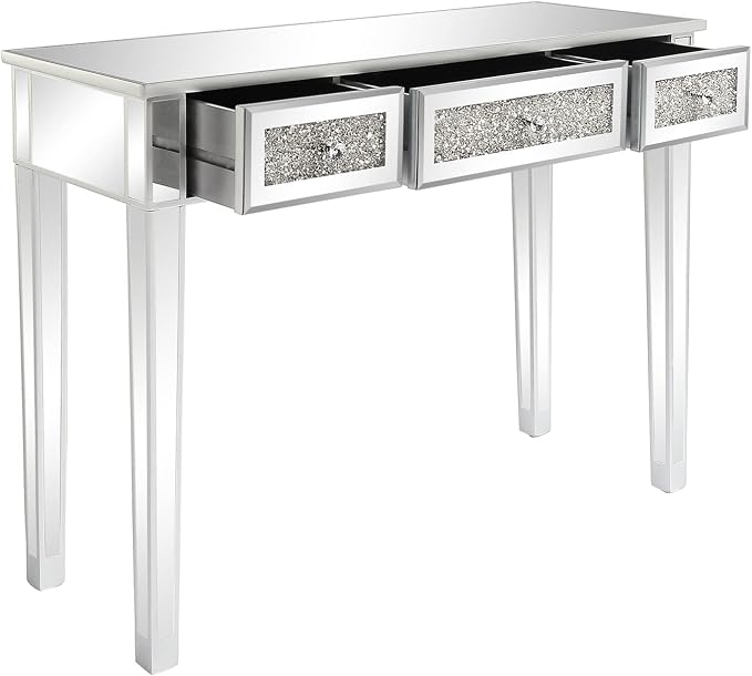 VINGLI Silver Mirrored Vanity Desk, Makeup Vanity Desk, Glass Desk with 3 Drawers, Glass Vanity for Women Girls Bedroom, Makeup Room & Office Writing Desk