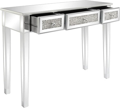 VINGLI Silver Mirrored Vanity Desk, Makeup Vanity Desk, Glass Desk with 3 Drawers, Glass Vanity for Women Girls Bedroom, Makeup Room & Office Writing Desk
