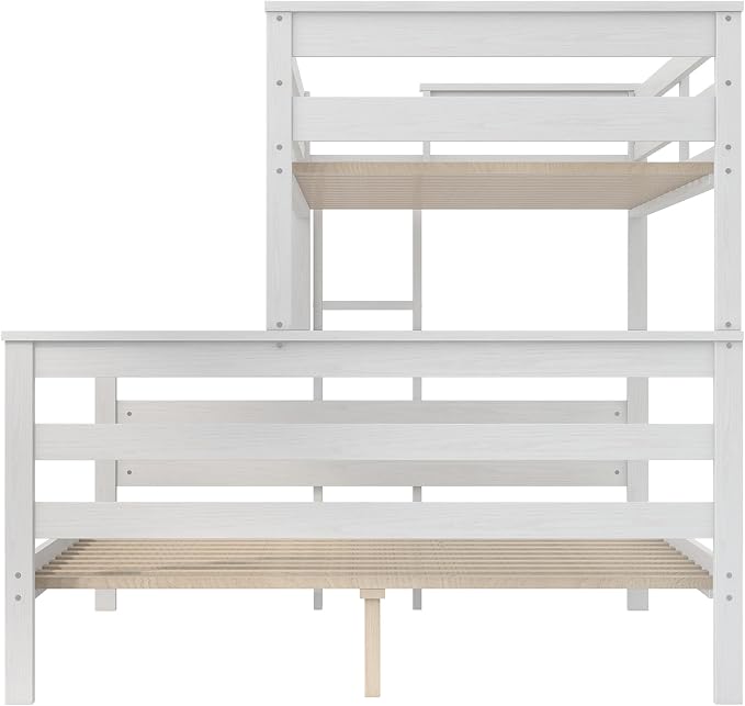 Wood Bunk Bed Twin XL Over Queen Size, Detachable Design Bunk Bed Frame with Safety Guardrail, Ladder and Sturdy Slats Support (White-4.21)
