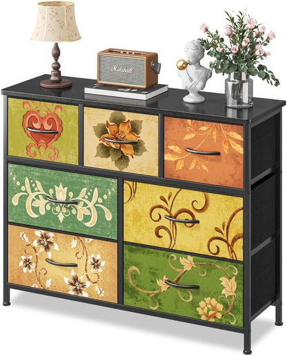 Fabric Dresser for Bedroom One-Piece 7 Drawer Dresser Steel Frame Wide Fabric Storage Tower Wooden Top and Metal Frame for Closet Organizer Living Room Bedroom Room Dorm Room Hallway Floral Painted