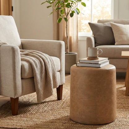 Spatial Order 17" Organic Shape Ottoman - Sand Faux Leather