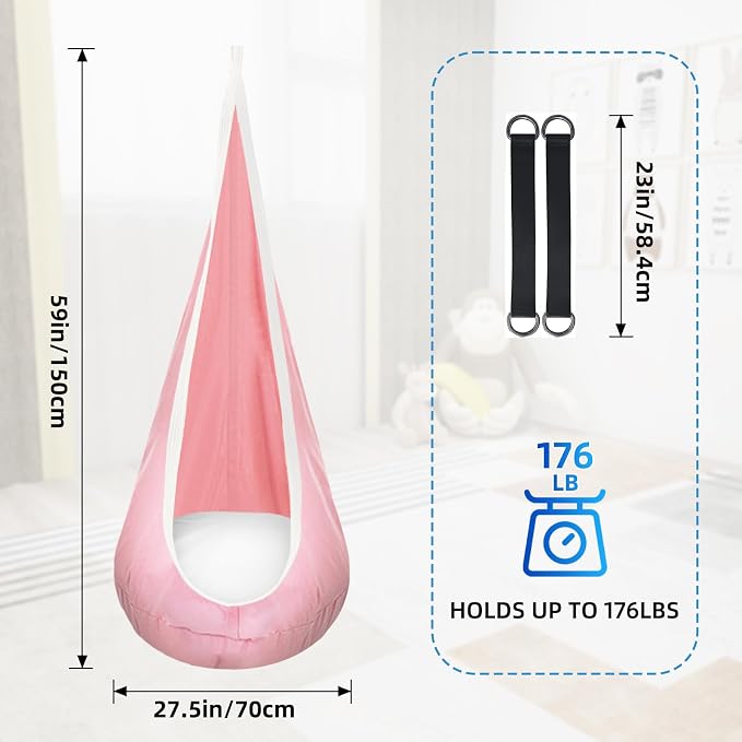 Kids Swing Seat Hammock Chair Indoor Outdoor Hanging Chair for Children,Soft & Safe with High Weight Capacity, Easy Install Perfect for Bedroom, Garden, Playroom (Pink)