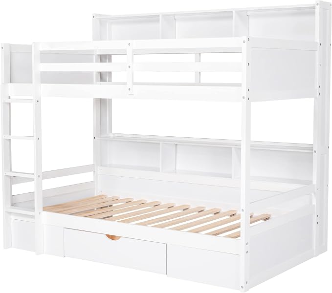RUNNA Twin Bunk Bed with Storage Drawer, Shelves,Ladder, White | Twin bunk bed with storage drawer, shelves, ladder, guardrails, solid wood, no box spring needed, white, kids teens