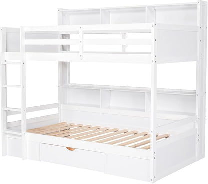 RUNNA Twin Bunk Bed with Storage Drawer, Shelves,Ladder, White | Twin bunk bed with storage drawer, shelves, ladder, guardrails, solid wood, no box spring needed, white, kids teens