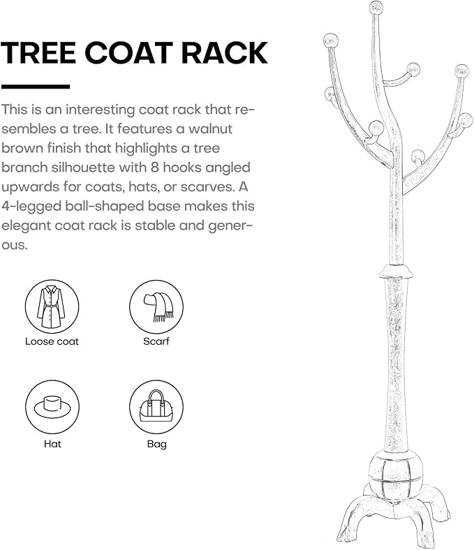 Bekrvio Freestanding Wood Coat Rack with Stable Sphere Base, White | 8 Hooks Tree Branch Design, Heavy Duty Standing Coat Hanger for Entryway, Hallway, Bedroom, Foyer; Hangs Coats, Hats, Bags