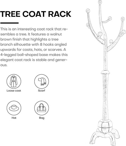 Bekrvio Freestanding Wood Coat Rack with Stable Sphere Base, White | 8 Hooks Tree Branch Design, Heavy Duty Standing Coat Hanger for Entryway, Hallway, Bedroom, Foyer; Hangs Coats, Hats, Bags