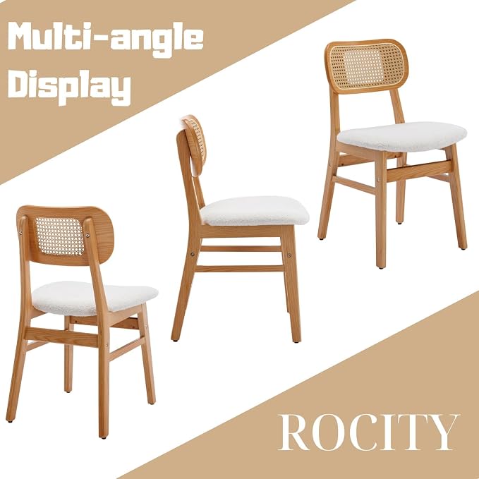 ROCITY Rattan Dining Chairs Set of 2 White Lambswool Dining Room Chairs Natural Wooden Kitchen Chairs Farmhouse