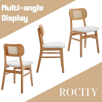 ROCITY Rattan Dining Chairs Set of 2 White Lambswool Dining Room Chairs Natural Wooden Kitchen Chairs Farmhouse