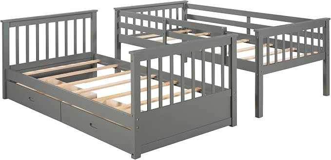 Merax Twin-Over-Twin Bunk Bed with Two Storage Drawers, Solid Wood Twin Size Bunk Bed with Guardrial and Removble Ladder, Can be Converted Into 2 Separate Beds, Grey