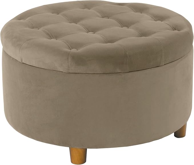 HomePop 28" Button Tufted Velvet Round Storage Ottoman - Fawn Velvet