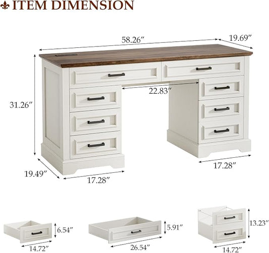 58" Executive Desk with 7 Drawers, Large Computer Desk with Charging Station , Wood Home Office Desk with File Drawer for Letter/A4 Size Hanging Files for Home Office, Rustic White and Rustic Brown