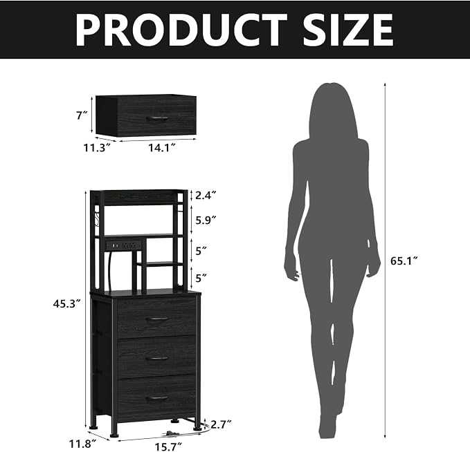Furnulem Tall Night Stand with 3 Fabric Drawers and LED Lights, Nightstand with Bookshelf, 45.3inch Tall Bedside Tables with USB Ports in Bedroom, Dorm, Office,Metal Frame, Wood Shelves (Black Oak)
