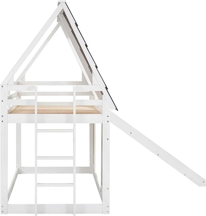 YOPTO Wood Twin Size House Bunk Bed with Roof, Ladder and Slide,Bedroom Low Loft Bed Frame,W/Guardrail,No Box Spring Needed,for Kids,Teens,Girls,Boys White+Brown