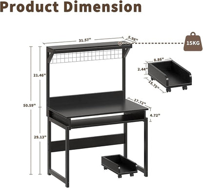 ALISENED 31.5" Small Computer Desk with Hutch, Office Desk Study Table Writing Desk Workstation PC Table for Home Office, Space Saving Design