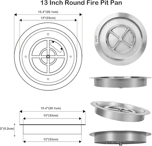 Stanbroil 13-Inch Drop-in Fire Pit Burner Pan, Round Fire Pit Insert for Propane & Natural Gas DIY Fire Table, Stainless Steel Firepit, BTU 88,000 Max