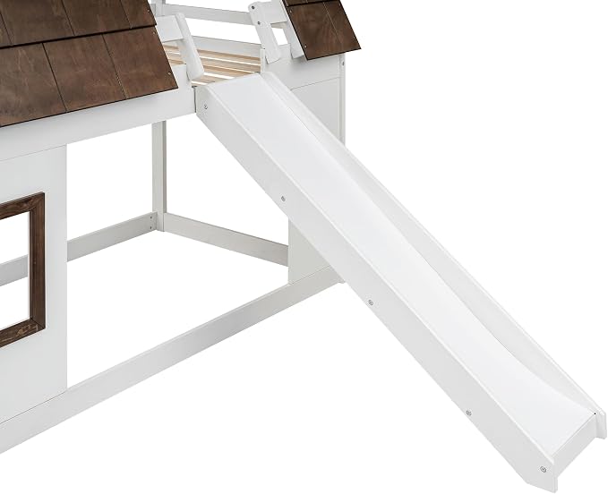 YOPTO Wood Twin Size House Bunk Bed with Roof, Ladder and Slide,Bedroom Low Loft Bed Frame,W/Guardrail,No Box Spring Needed,for Kids,Teens,Girls,Boys White+Brown