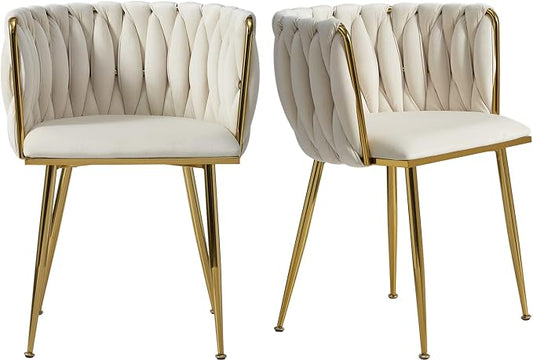Velvet Dining Chairs Set of 2, Modern Upholstered Dining Room Chairs with Golden Metal Legs and Woven Backrest for Dining Room, Kitchen, Vanity, Living Room (Beige)