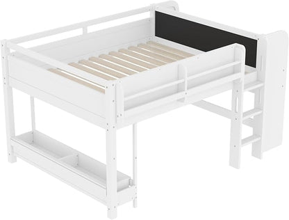 Bellemave Full Size Low loft Bed with Desk and bookcases, Boxes and Drawers for Kids,Wood Modern Farmhouse Kids Loft Beds with Shelf, White
