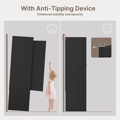 Gizoon Wood Wardrobe Closet with Full Length Mirror, Wooden Armoire with Hanging Rod & 2 Drawers, Bedroom Clothing Storage Cabinet, Anti-tip, Mirror Can Be Installed on Left/Right Door Freely, Black