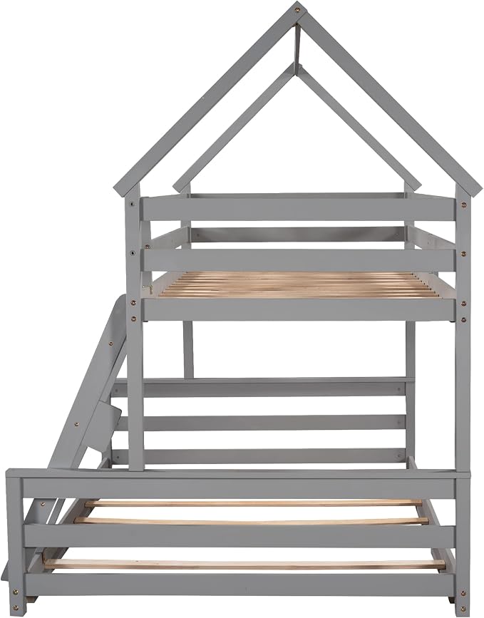 Merax House Floor Bunk Bed with Ladder Twin Over Full,Wood Low Bunk Bed for Kids Juniors, Space-Saving,No Box Spring Needed Gray