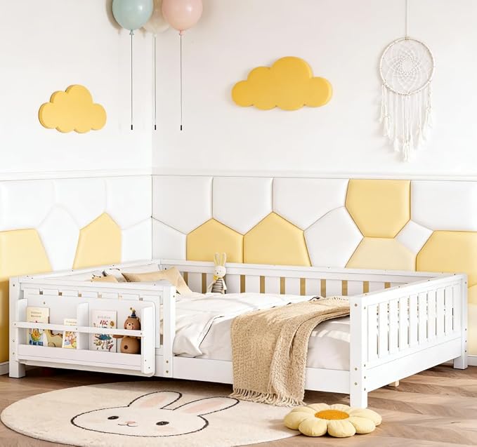 Bellemave Queen Size Floor Bed with high Rails and with Built-in Bookshelf for Kids, Girls, Boys, Wood Montessori Floor Bed Without Door, White