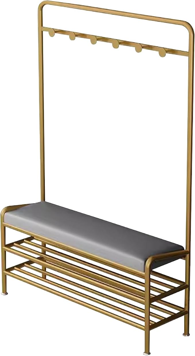 Narrow Hall Tree Storage Bench for Entryway, Coat Rack Shoe Bench Metal, Freestanding Coat Tree with Storage Shelf and Hooks, Entryway Bench with Shoe Storag(Grey-100 x 29 x 173 cm