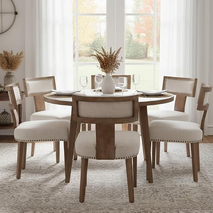 RIVOVA Mid Century Modern Dining Chairs Set of 6 Linen Fabric Upholstered Kitchen Side Chairs with Nailhead Trim, Modern Kitchen Armless Solid Wood Dining Chairs, Beige