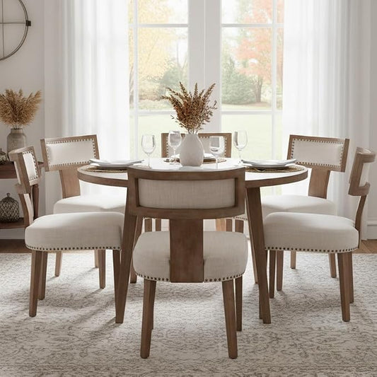 RIVOVA Mid Century Modern Dining Chairs Set of 6 Linen Fabric Upholstered Kitchen Side Chairs with Nailhead Trim, Modern Kitchen Armless Solid Wood Dining Chairs, Beige