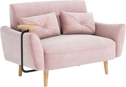 Brelice Loveseat Sofa, 47" Velvet Couch for Bedroom, Convertible Wooden Tray & Ergonomic Armrest, for Small Space, Apartment, Living Room, Home Office, Easy Assembly, Pink