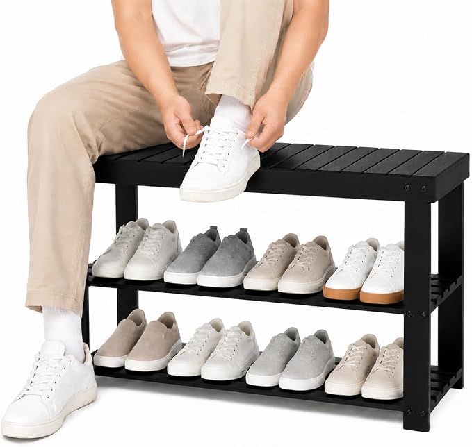 Shoe Rack Bench, 3-Tier Shoe Storage Organizer for Entryway , Shoe Shelf for Small Spaces, Multi-Functional Side Table Plant Stand, Shoe Stand for Bedroom, Living Room, Closet, Front Door, Black