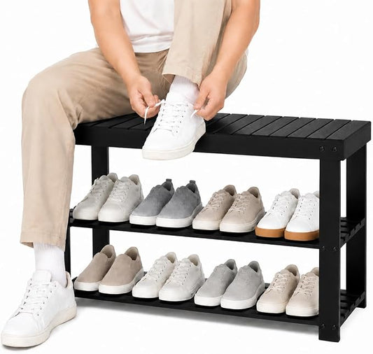 Shoe Rack Bench, 3-Tier Shoe Storage Organizer for Entryway , Shoe Shelf for Small Spaces, Multi-Functional Side Table Plant Stand, Shoe Stand for Bedroom, Living Room, Closet, Front Door, Black