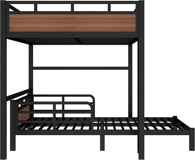 Full Over Full Metal Bunk Bed, Heavy Duty Convertible Bunk Bed Frame with Headboard & Full Guardrails, Can Be Split into Two Platform Beds or Loft Bed,Walnut